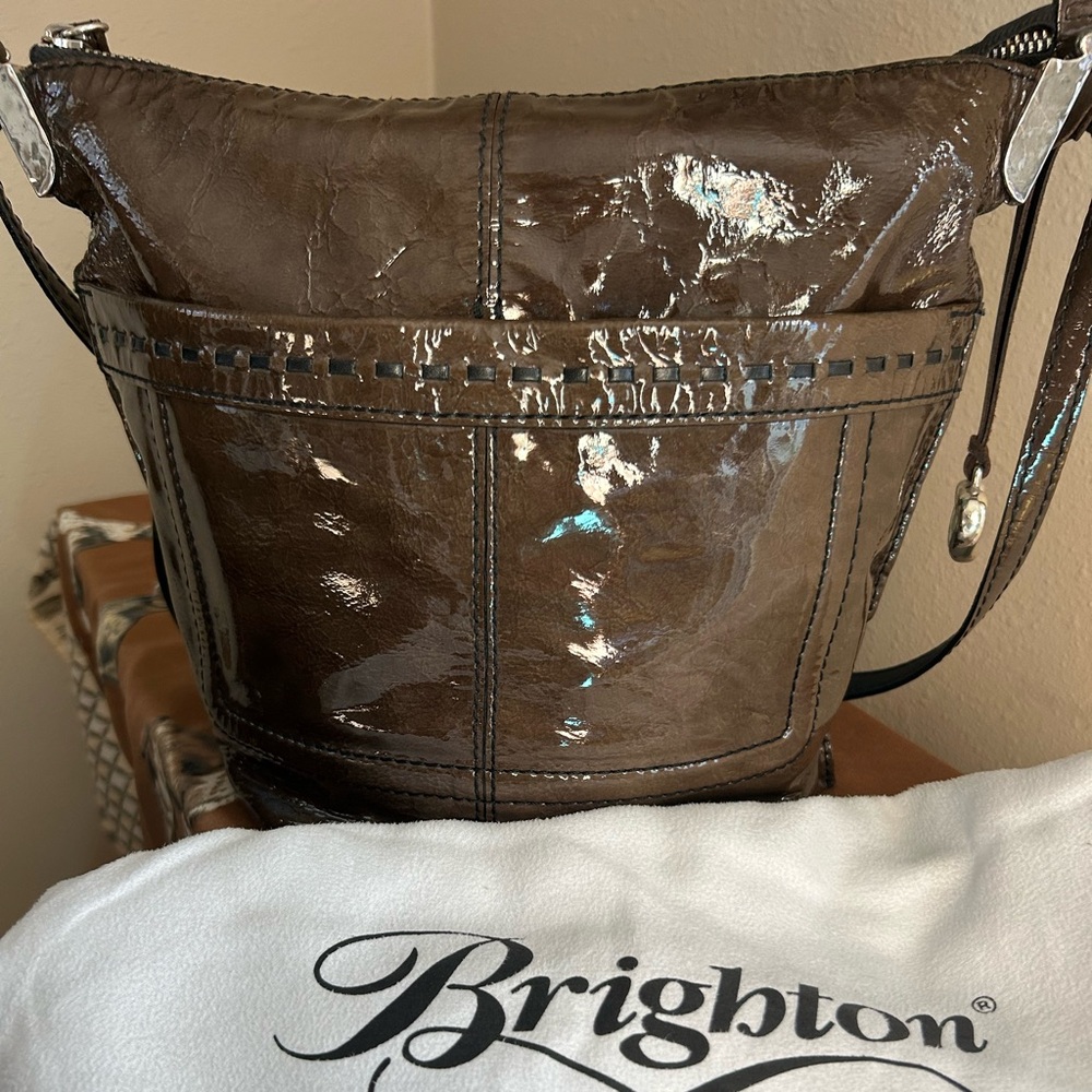 Brighton Glossy Brown Patent Leather Bucket Shoulder Bag